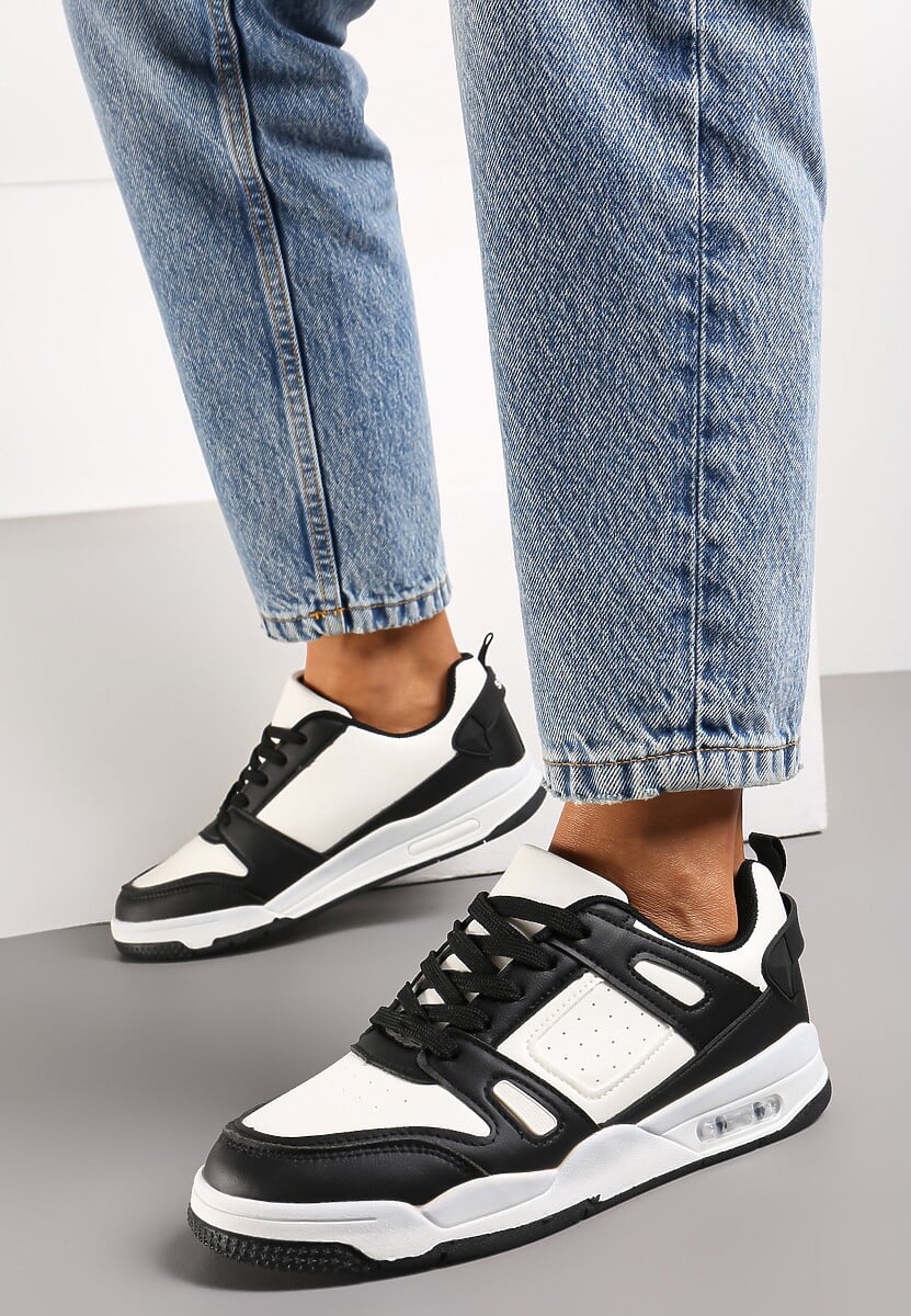Biało-Czarne Sznurowane Sneakersy z Licznymi Wstawkami z Ekoskóry Gwendias