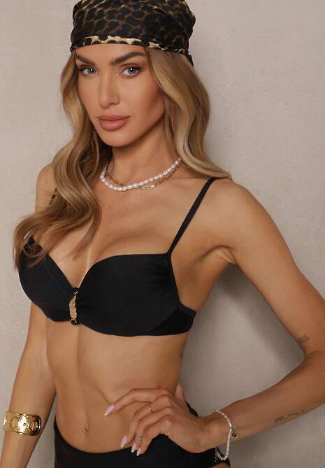 Czarne Bikini Majtki Figi i Biustonosz z Metaliczną Ozdobą Kinalenna