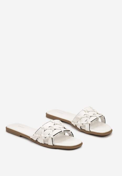 Białe Klapki na Płaskiej Podeszwie z Przeplatanymi Paskami Teriwes