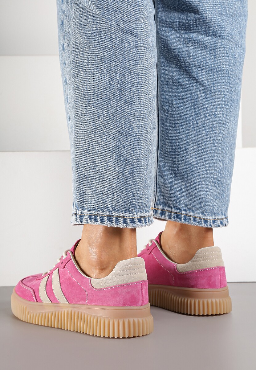 Fuksjowe Zamszowe Sneakersy w Stylu Kultowych Tenisówek ze Skórzaną Wkładką Tenannia