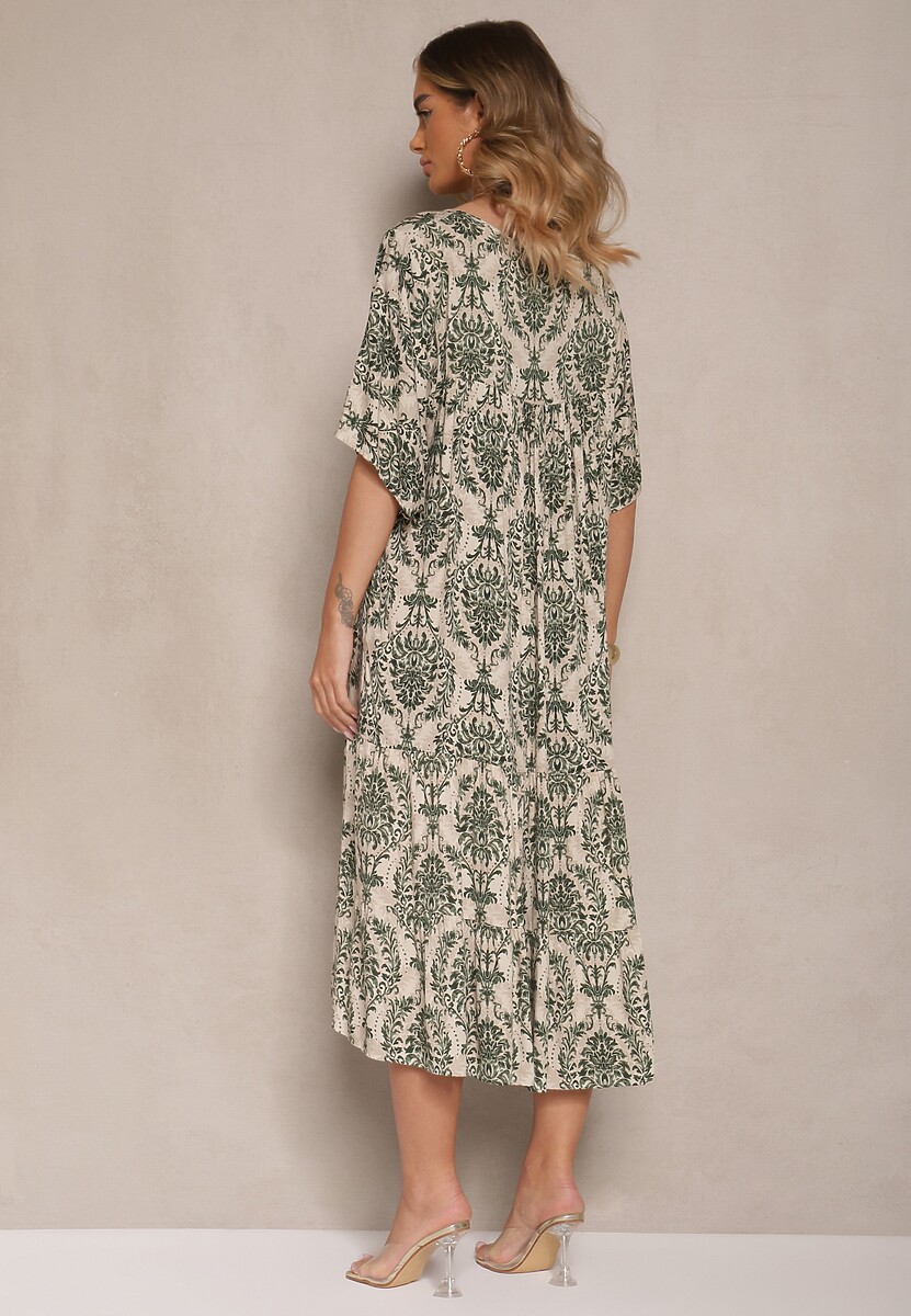 Ciemnozielona Sukienka z Bawełną i Abstrakcyjnym Motywem Filarella