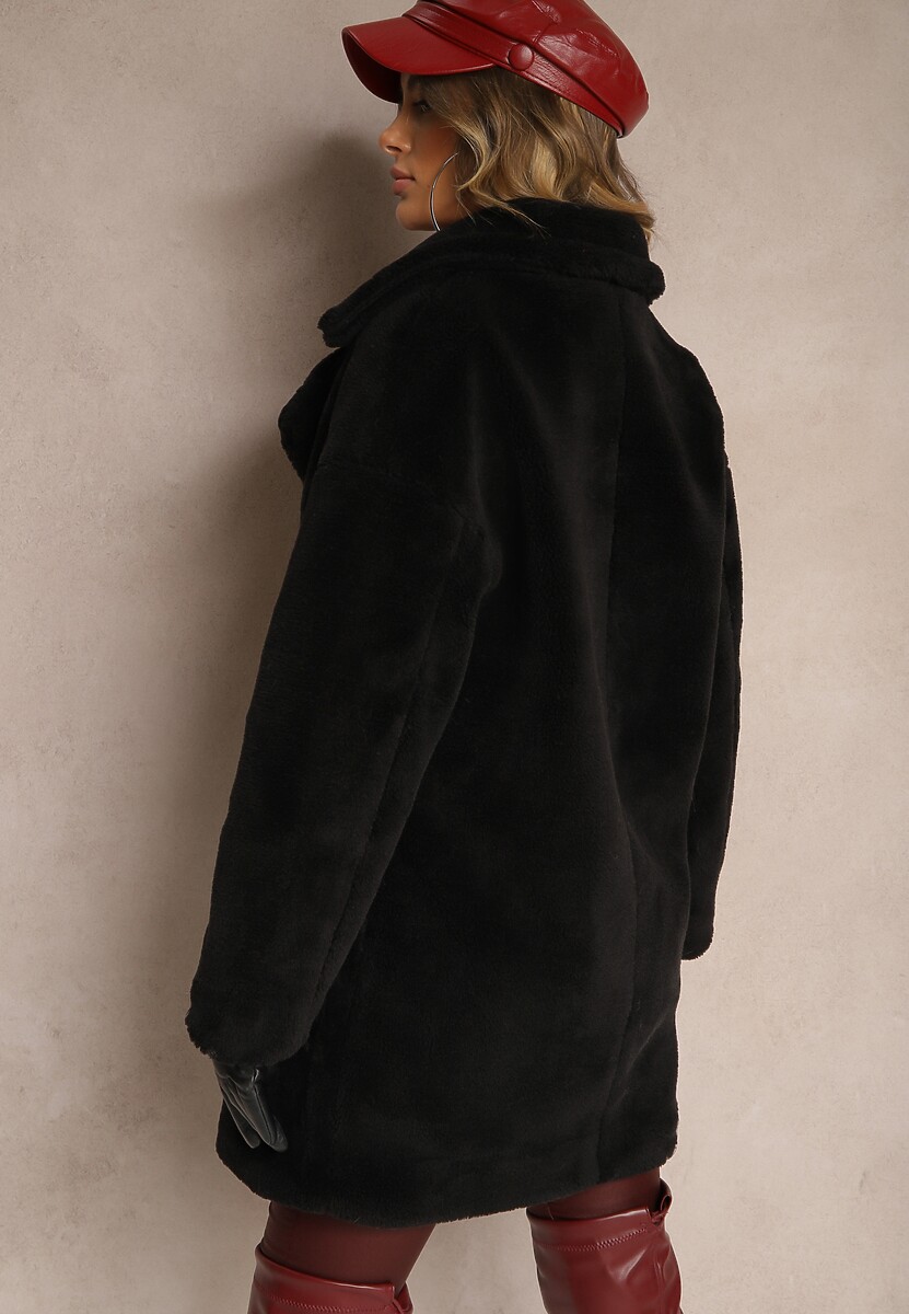 Czarny Dwurzędowy Płaszcz Futrzany o Długim Kroju Typu Teddy Malwika