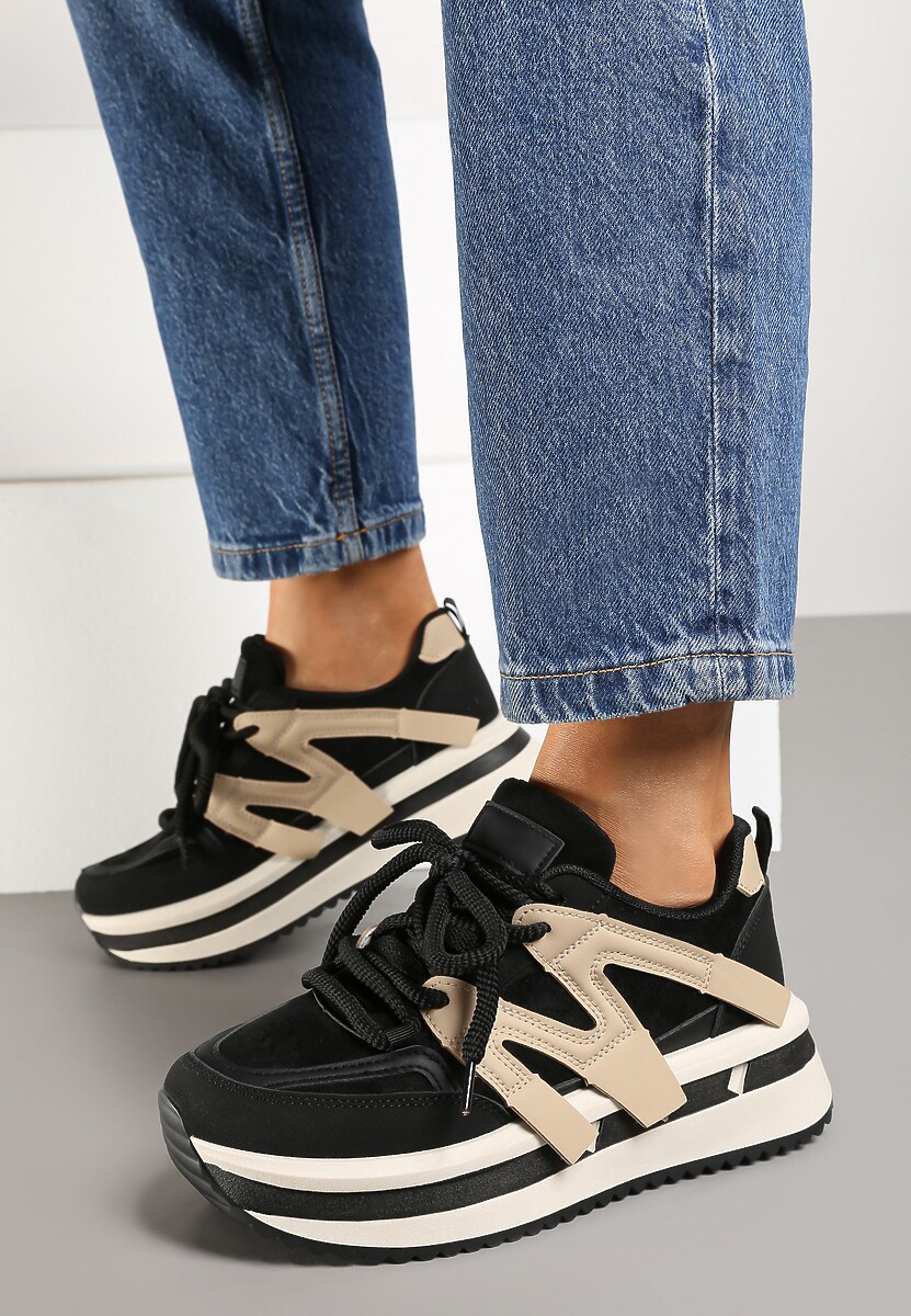 Czarno-Beżowe Sneakersy na Platformie z Geometrycznym Wzorem i Sznurowaniem Fiorinnia