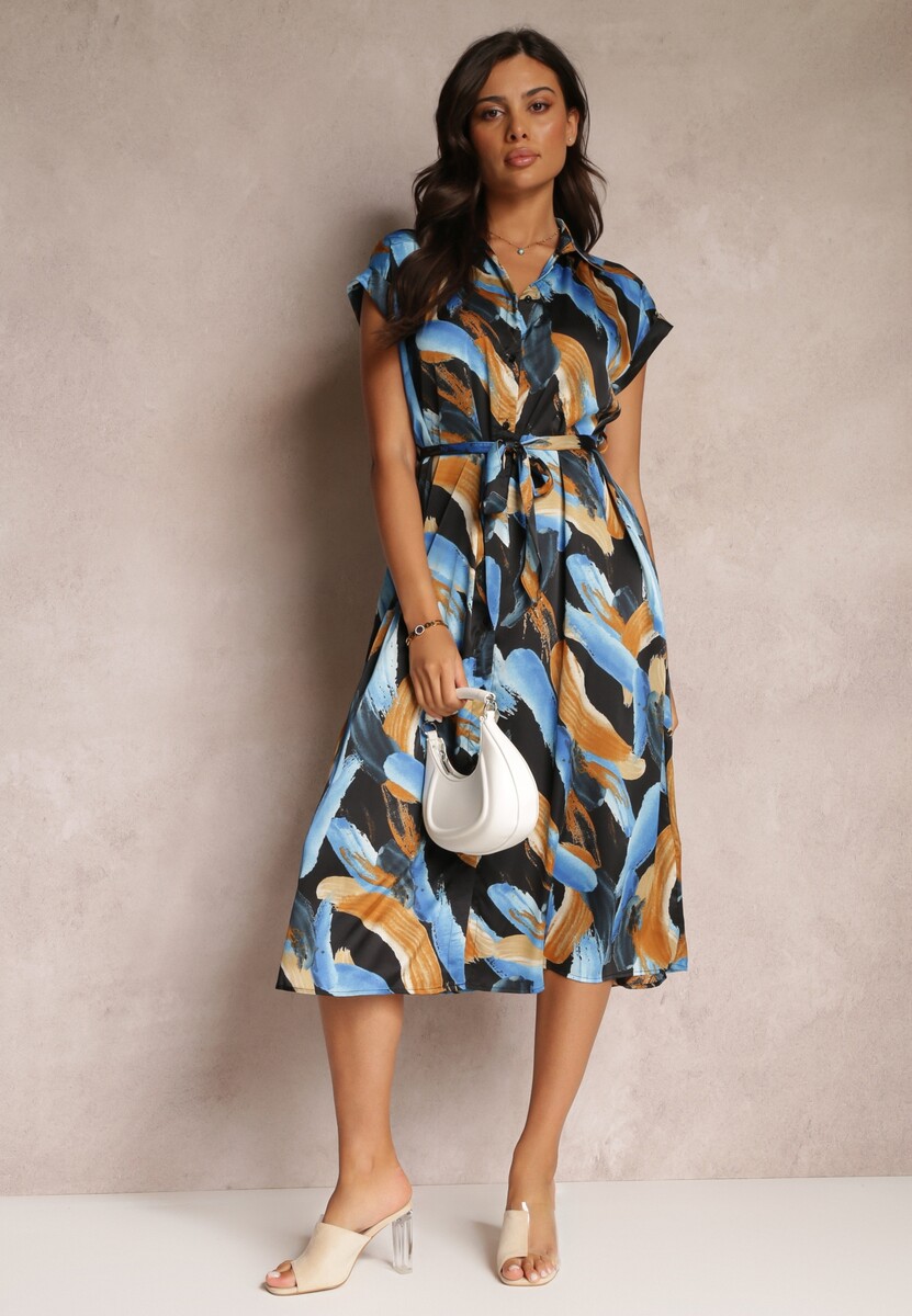 Czarno-Niebieska Wzorzysta Sukienka Midi z Kołnierzem i Materiałowym Paskiem Jenica