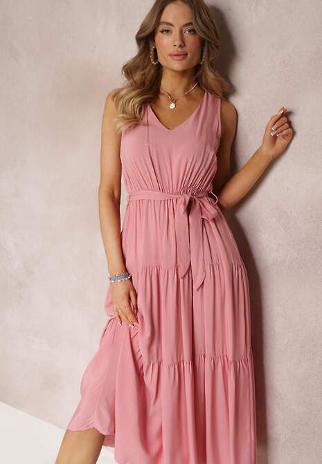 Różowa Wiązana Sukienka Midi bez Rękawów z Gumką w Talii Mideyo