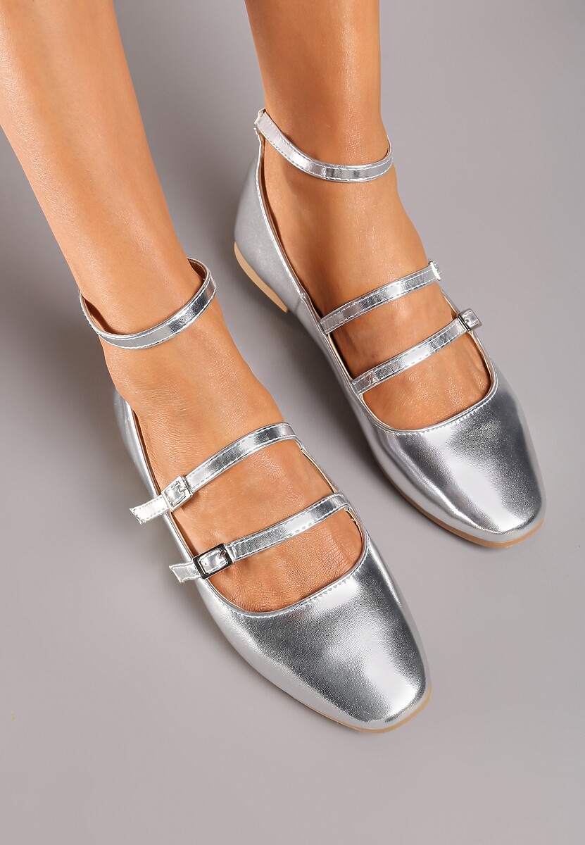 Srebrne Klasyczne Balerinki Zapinane na Paseczki z Ozdobnymi Klamerkami Lerithana