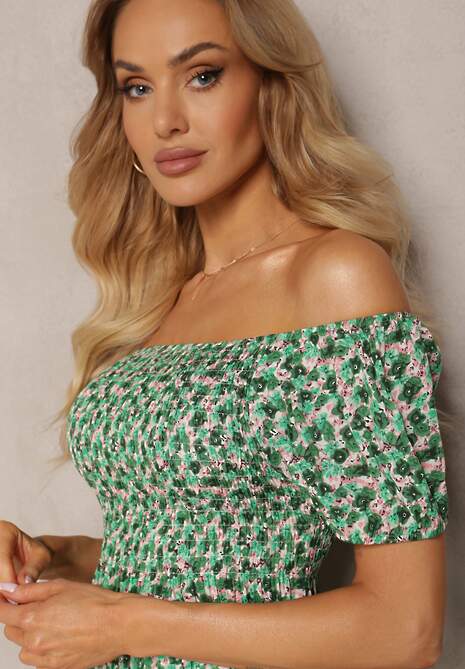 Zielona Sukienka Typu Hiszpanka z Wiskozy z Gumkami w Talii Wiariana