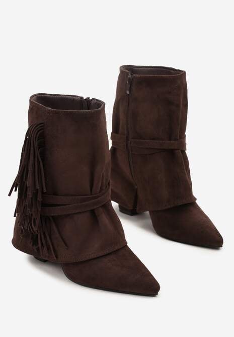 Ciemnobrązowe Botki Boho z Cholewką Imitującą Nogawkę i Frędzlami Zaslie