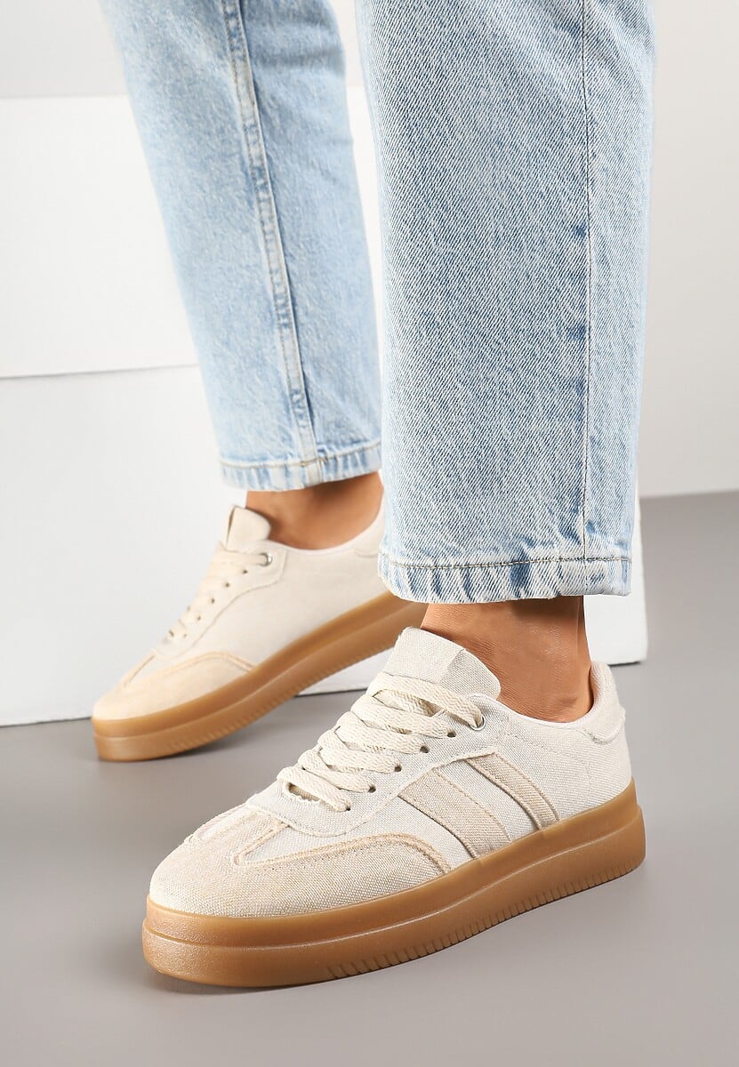 Beżowe Sneakersy Tenisówki Ozdobione Paskami Falaviela