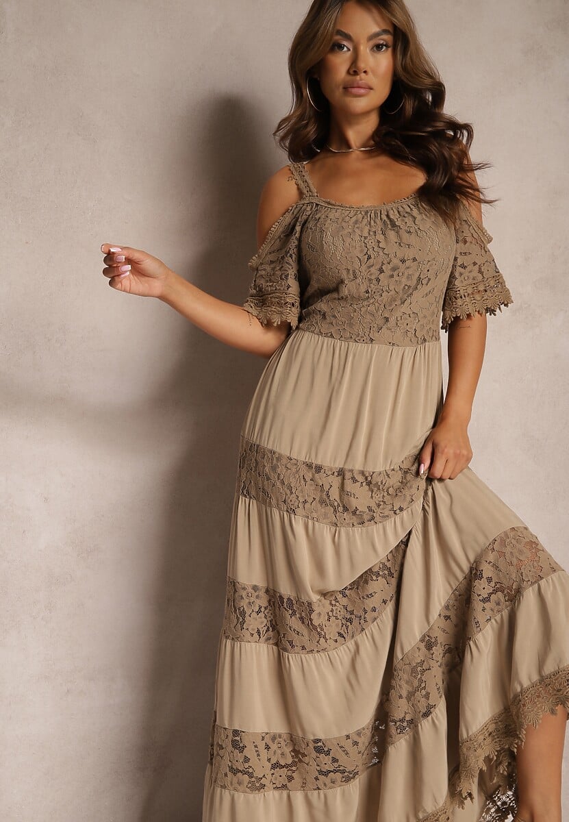 Biała Koronkowa Sukienka z Wiskozą o Rozkloszowanym Kroju na Ramiączkach Leris