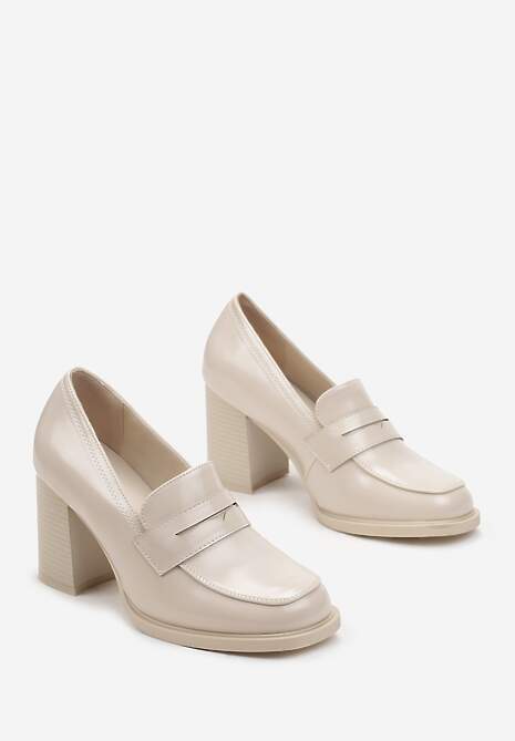 Beżowe Półbuty na Słupku z Kwadratowym Noskiem Hunosa