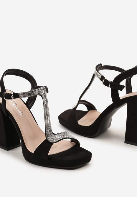 Czarne Sandały z Wyściółką z Imitacji Skóry na Słupku Ozdobione Cyrkoniami ze Sprzączką Nittima