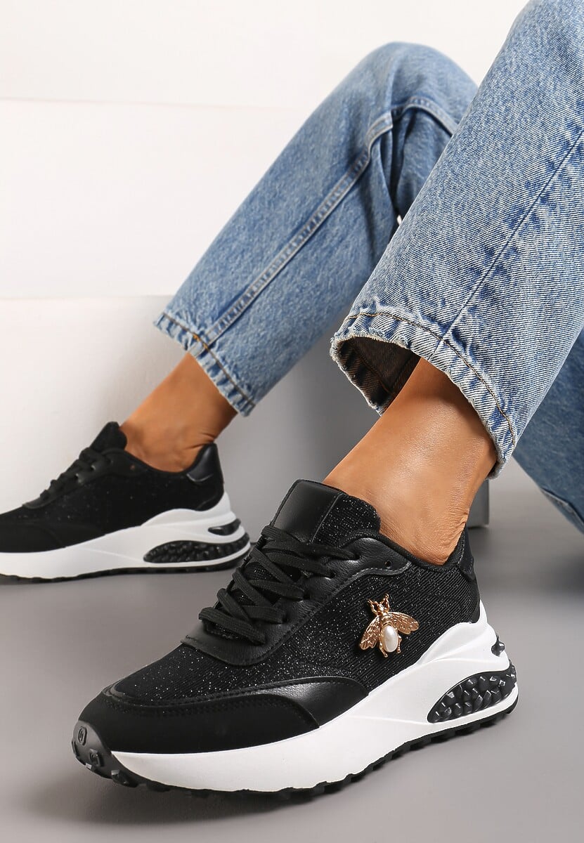 Czarne Sneakersy na Grubej Podeszwie z Ozdobą i Brokatem Sehdi