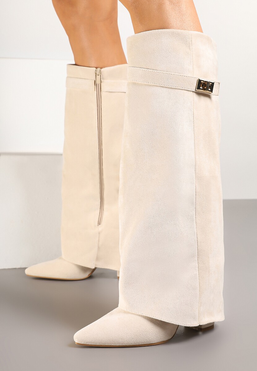 Bordowe Kozaki na Słupku z Wywiniętą Cholewką i Klamerką Upaxa