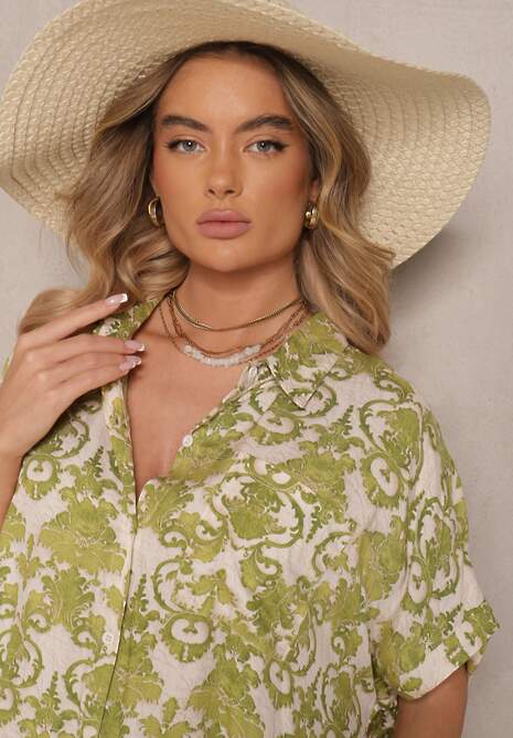 Ciemnozielona Wiskozowa Sukienka o Koszulowym Kroju w Ornamentalny Wzór Inisaria