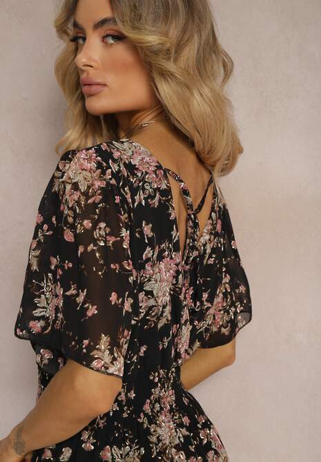 Czarno-Różowa Sukienka Kopertowa z Krótkim Rękawem Wiązana z Tyłu z Gumką w Talii Cristola