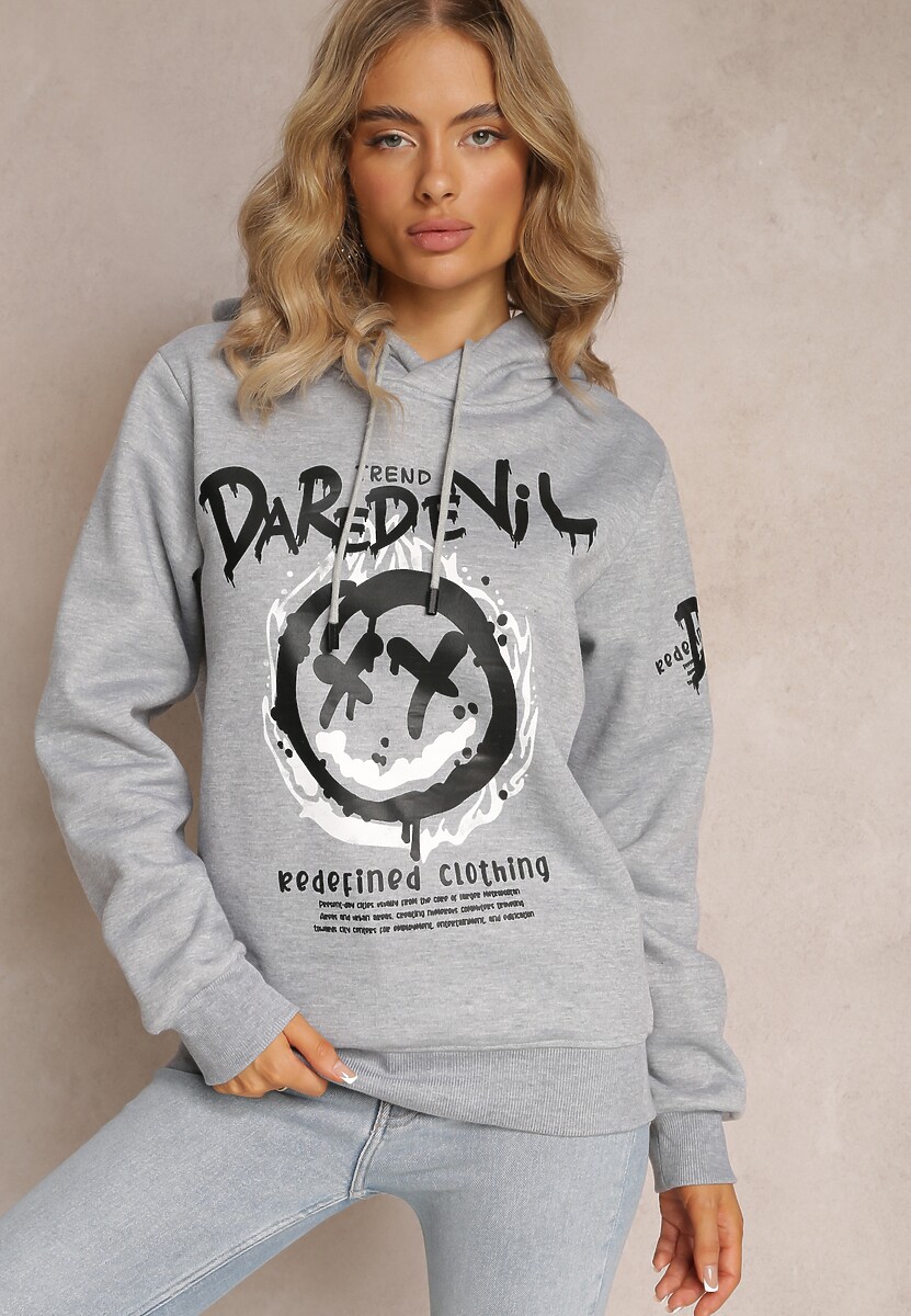 Jasnoszara Bluza z Polarem i Nadrukiem Thalindra