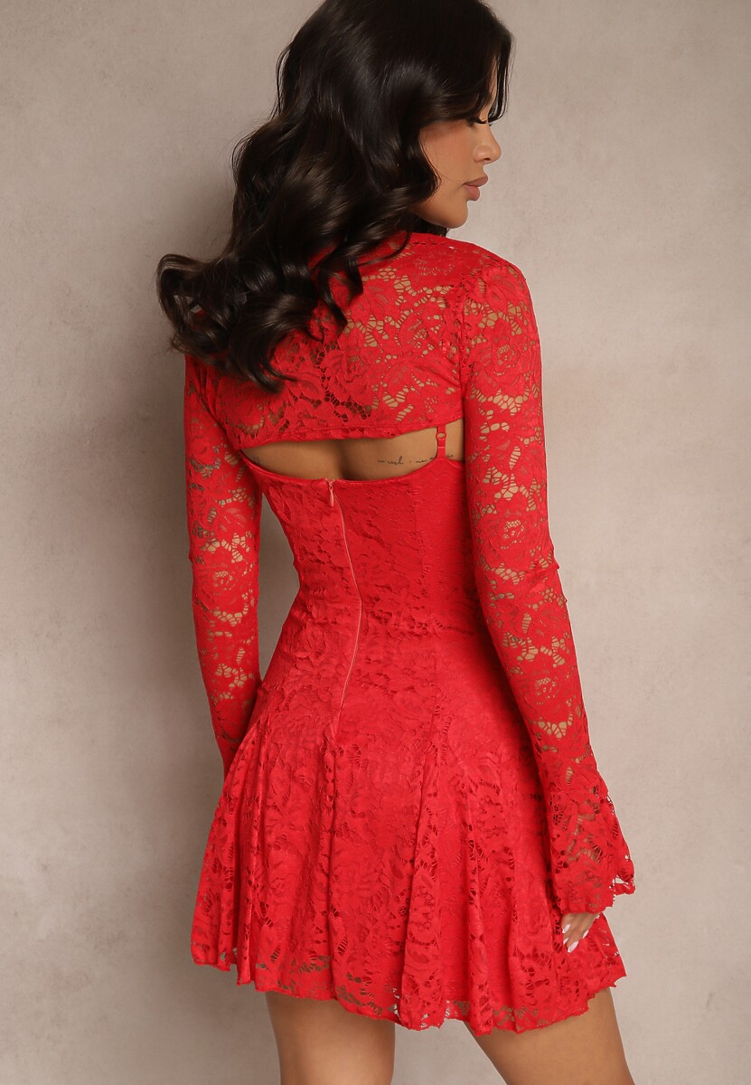 Czerwona Koktajlowa Koronkowa Sukienka o Rozkloszowanym Kroju Nelfedi
