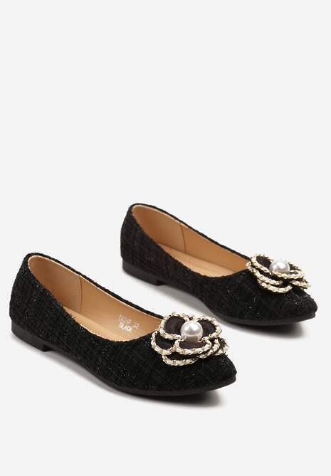 Czarne Balerinki Tweedowe Ozdobione Perełkami Ulioriela