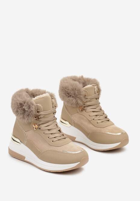 Ciemnobeżowe Futerkowe Sneakersy na Koturnie z Metalicznymi Wstawkami Kaithrin