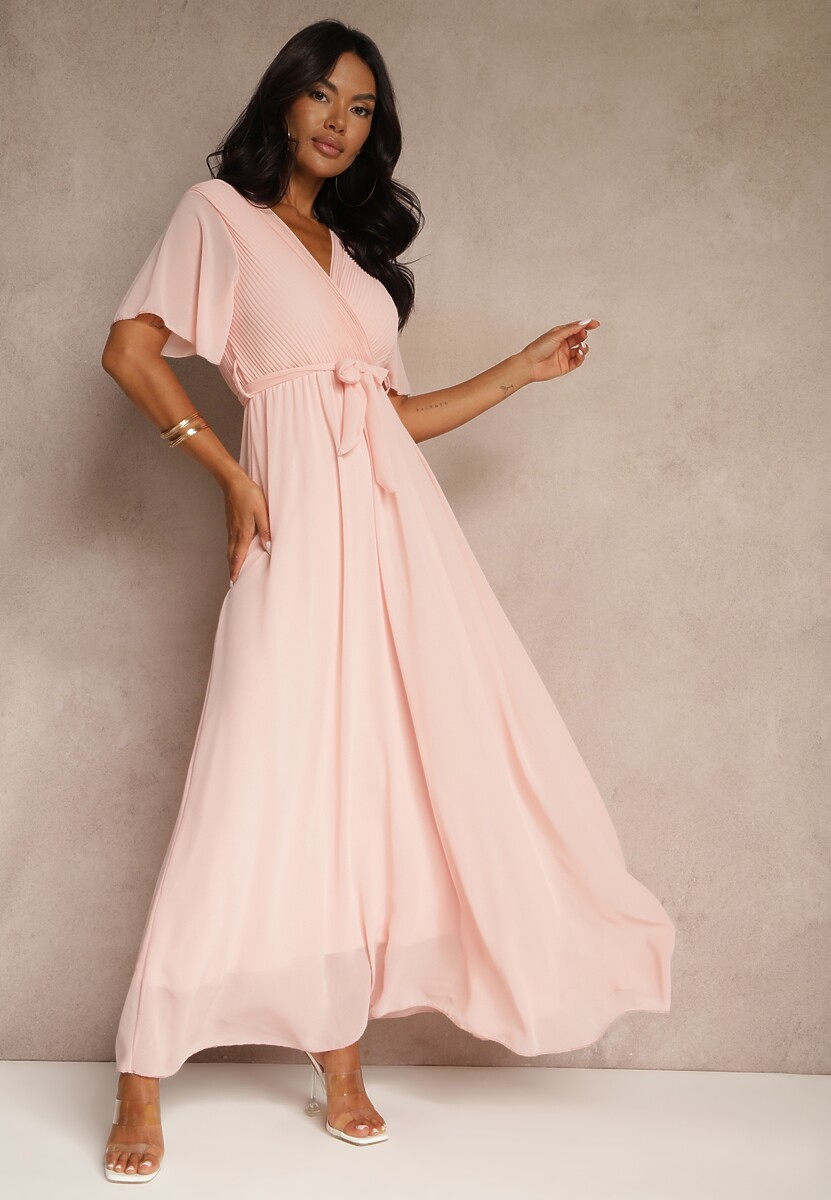 Czarna Plisowana Sukienka z Kopertowym Dekoltem i Gumką w Talii Dimitris