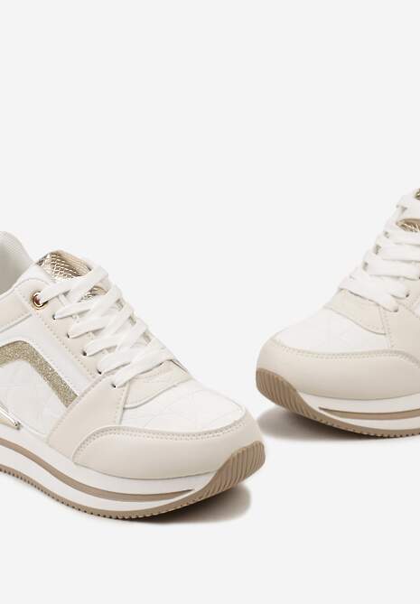 Beżowe Sneakersy na Ukrytym Koturnie Ozdobione Brokatem i Metaliczną Wstawką Infora