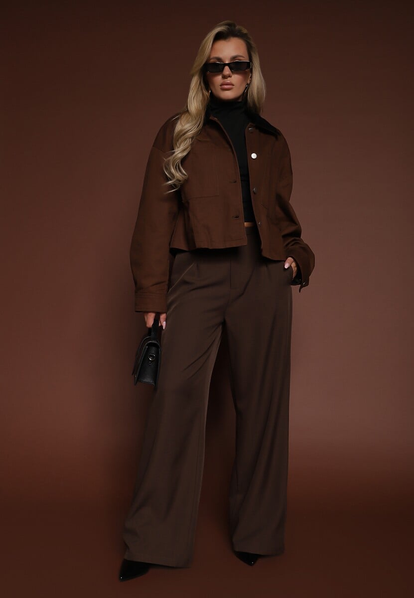 Brązowe Szerokie Spodnie Garniturowe Ozdobione Paskiem Cirrive