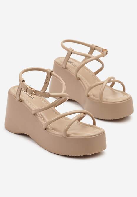 Ciemnobeżowe Sandały na Koturnie Ozdobione Paskami Zenoiti