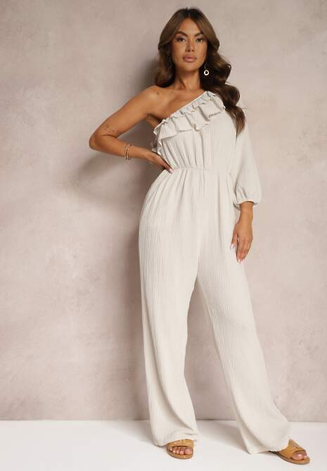 Beżowy Bawełniany Kombinezon o Asymetrycznym Kroju z Gumką w Talii i Falbaną Begelia