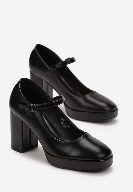 Czarne Czółenka na Słupku i Niskiej Platformie z Paskiem Innocen