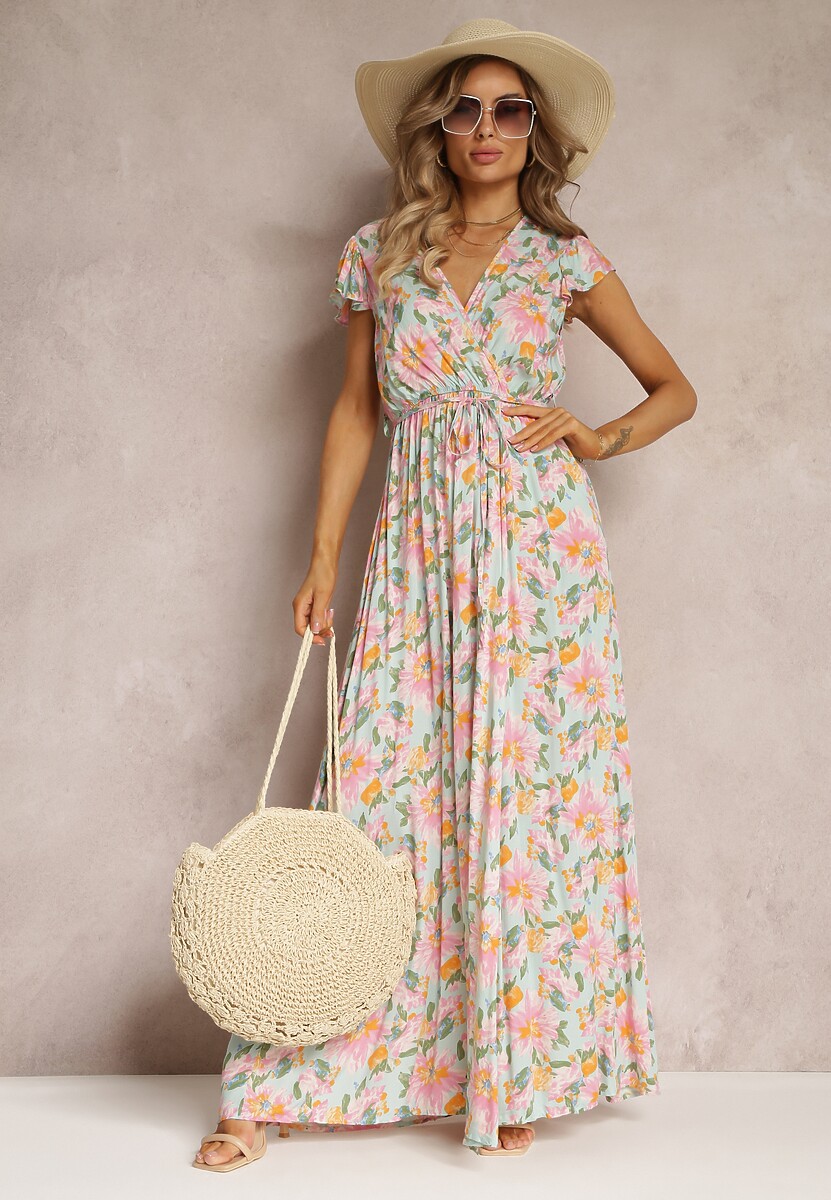 Jasnoniebieska Sukienka Kopertowa z Gumką w Pasie w Kwiaty Toma