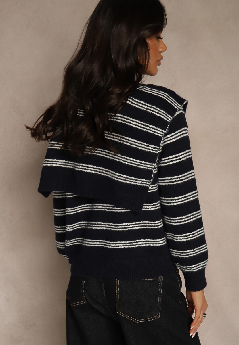 Granatowy Kardigan z Dodatkiem Wełny Zdobiony Wzorem w Paski i Narzutką Fedira