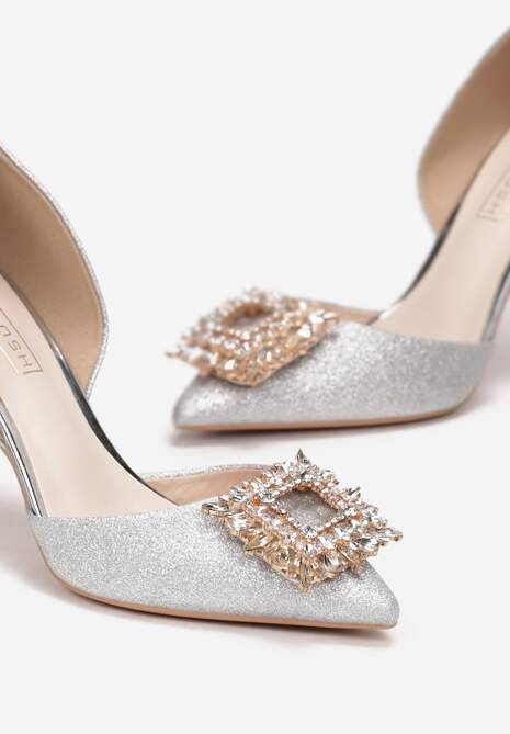 Srebrne Brokatowe Szpilki z Metalową Ozdobą z Cyrkonii Acani