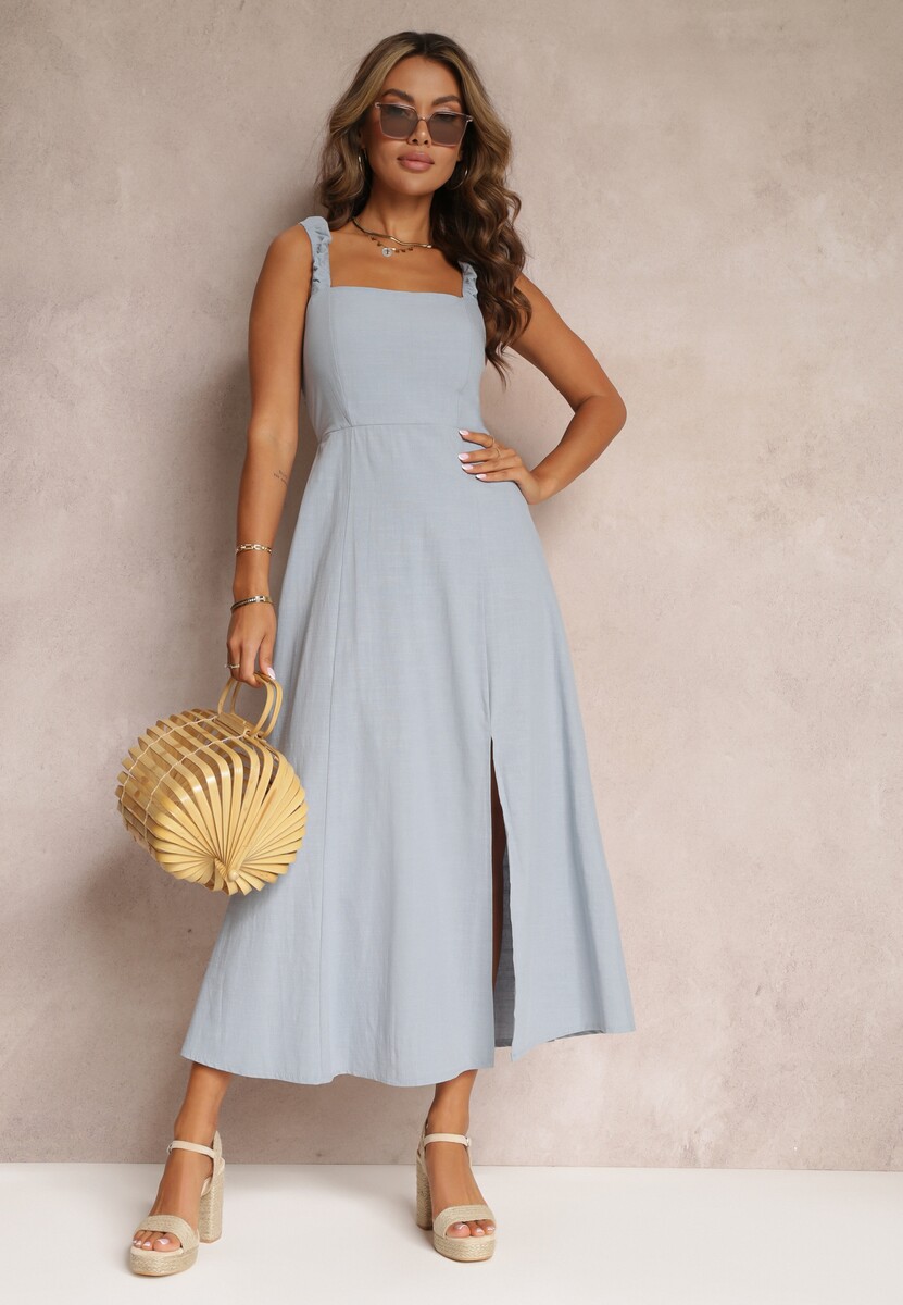 Niebieska Rozkloszowana Sukienka Bawełniana z Kwadratowym Dekoltem Trenna