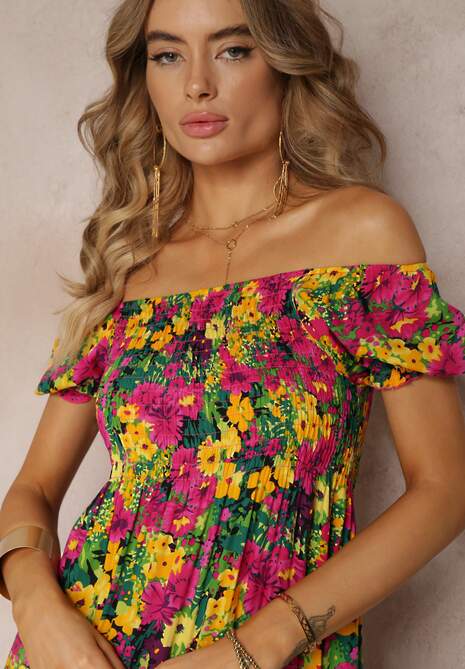 Fuksjowo-Żółta Wiskozowa Sukienka Midi O Fasonie Hiszpanki w Kwiatowy Print Ambersen