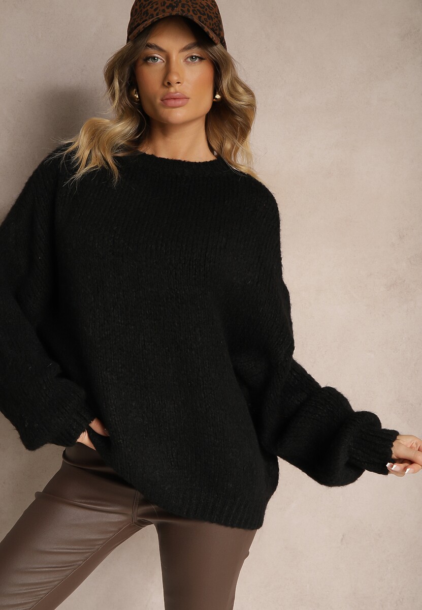 Brązowy Klasyczny Sweter z Wełną i Wiskozą o Luźnym Kroju Omethea