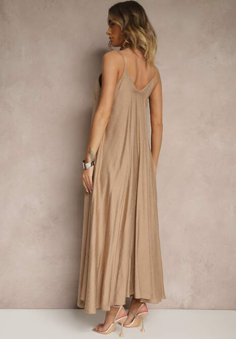 Ciemnobeżowa Wiskozowa Sukienka o Rozkloszowanym Kroju Ozdobiona Cyrkoniami Tosnaria