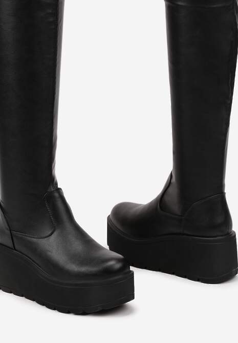 Czarne Casualowe Kozaki na Platformie i Koturnie z Ekoskóry z Dopasowaną Cholewką Erissia