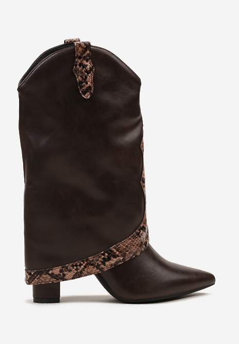 Brązowe Botki na Słupku z Cholewką Imitującą Nogawkę z Wężowym Tłoczeniem Vemissea