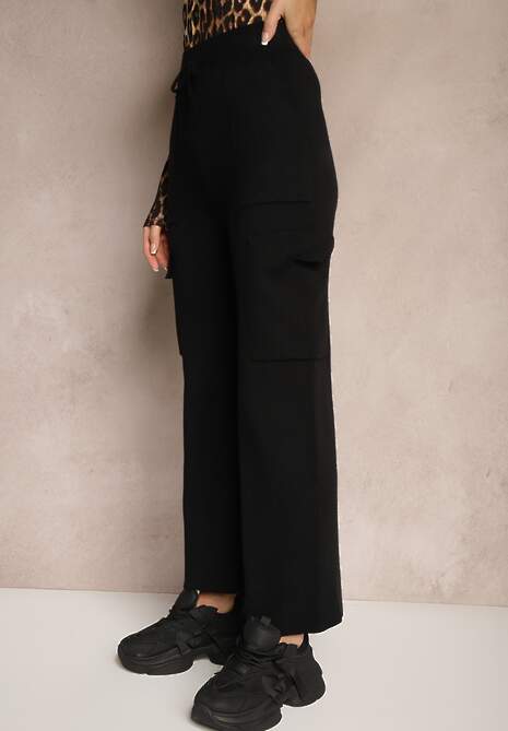 Czarne Szerokie Spodnie Dzianinowe z Gumką w Pasie i Kieszeniami Emithlera