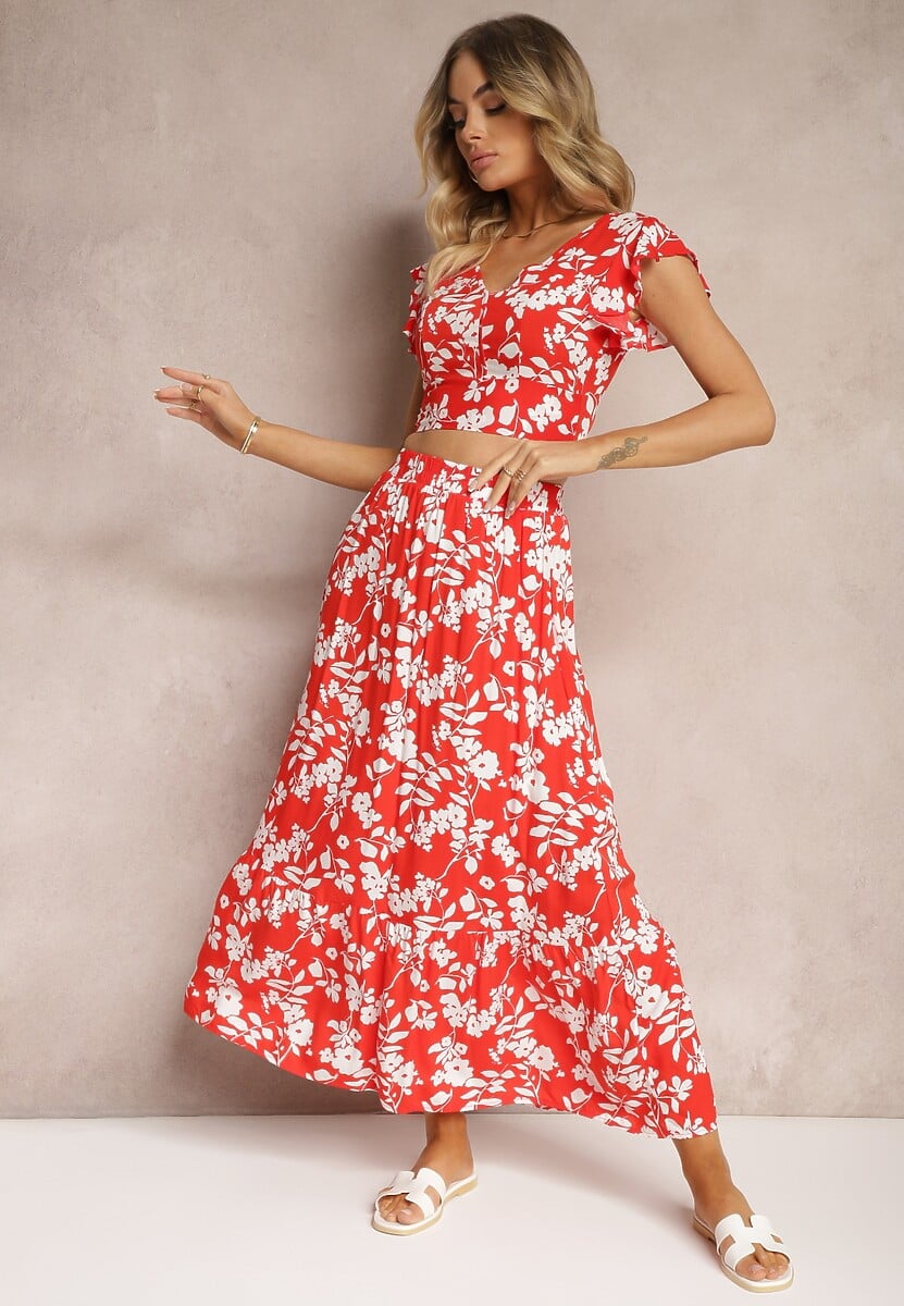 Czerwono-Biały Wiskozowy Komplet w Kwiatki z Bluzką i Rozkloszowaną Spódnicą Pienara