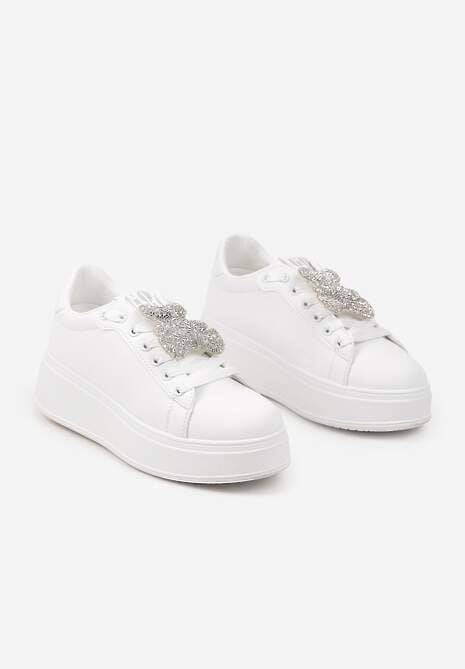 Białe Sneakersy Ozdobione Brokatowym Misiem Nevithaya