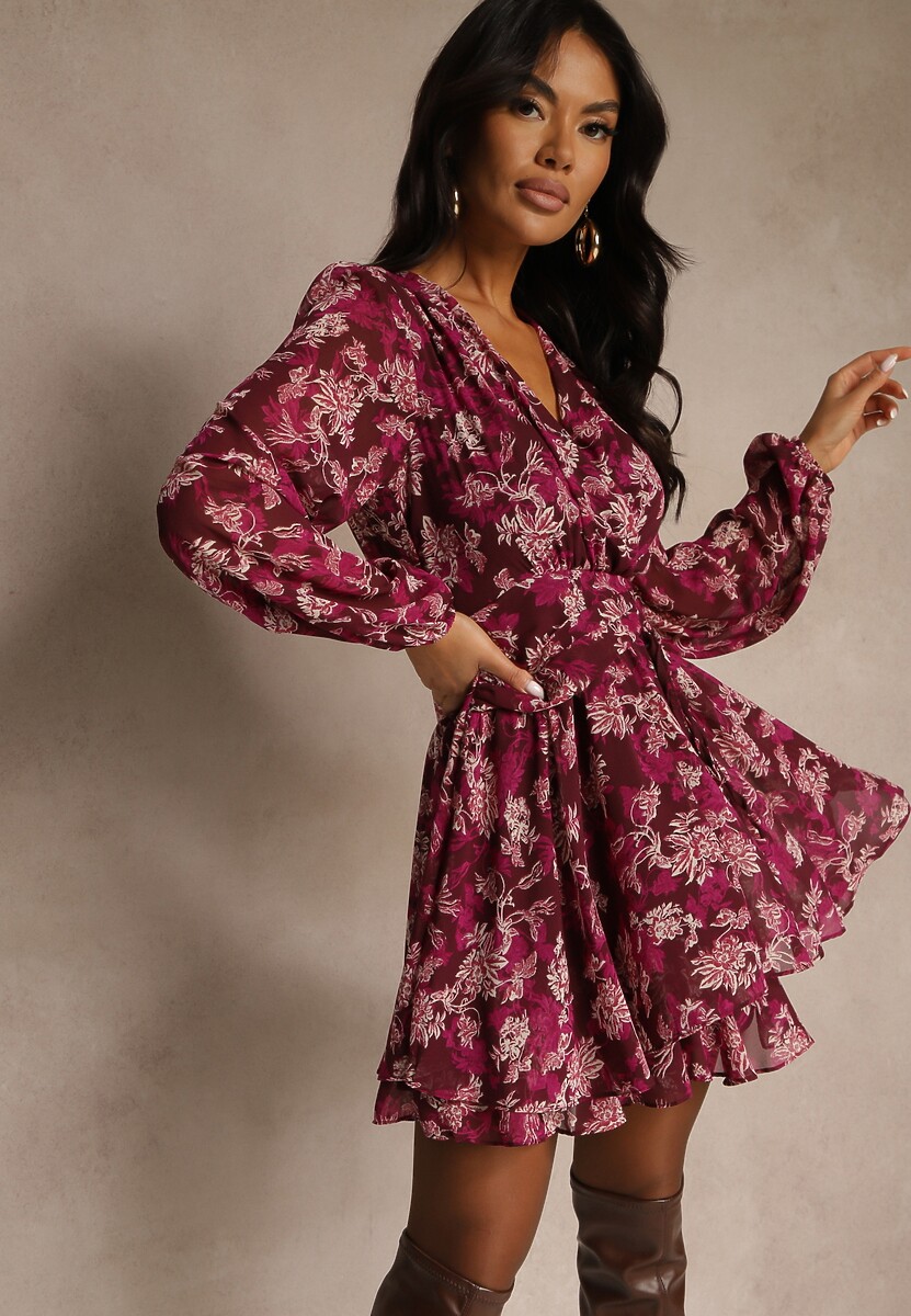 Bordowa Sukienka w Kwiatki o Rozkloszowanym Kroju z Bufiastymi Rękawami Zennea