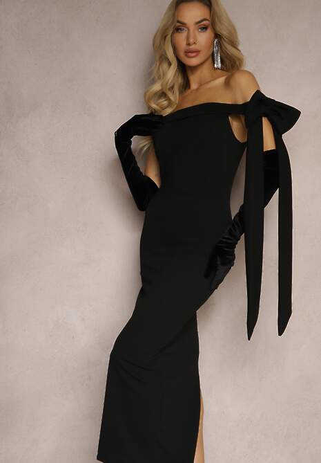Czarna Dopasowana Sukienka z Dekoltem Hiszpanką i Kokardą na Ramieniu Emirianne