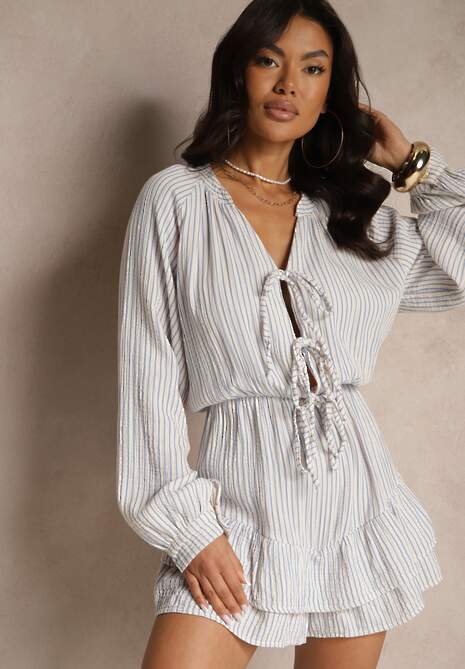 Niebieski Kombinezon w Cienkie Paski z Wiązaniem z Bawełny Ovivelle