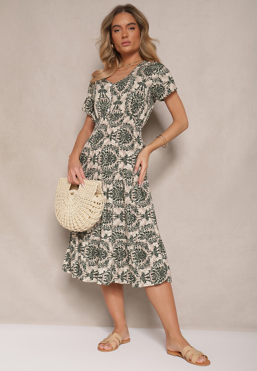 Granatowa Rozkloszowana Sukienka z Bawełny z Gumką w Talii Desanita