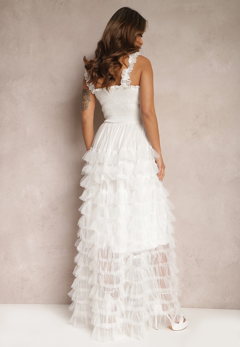 Biała Koktajlowa Sukienka Maxi z Tiulowymi Falbankami Amiusa