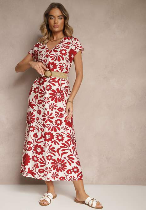 Czerwona Rozkloszowana Sukienka z Wiskozy z Paskiem z Klamrą Zarenele