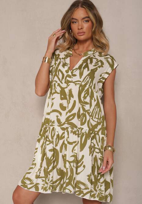 Zielona Sukienka z Bawełny Ozdobiona Abstrakcyjnym Motywem Lisovia