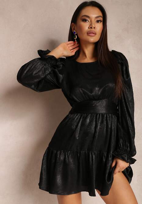 Czarna Sukienka Metaliczna z Bufiastym Rękawem Cany